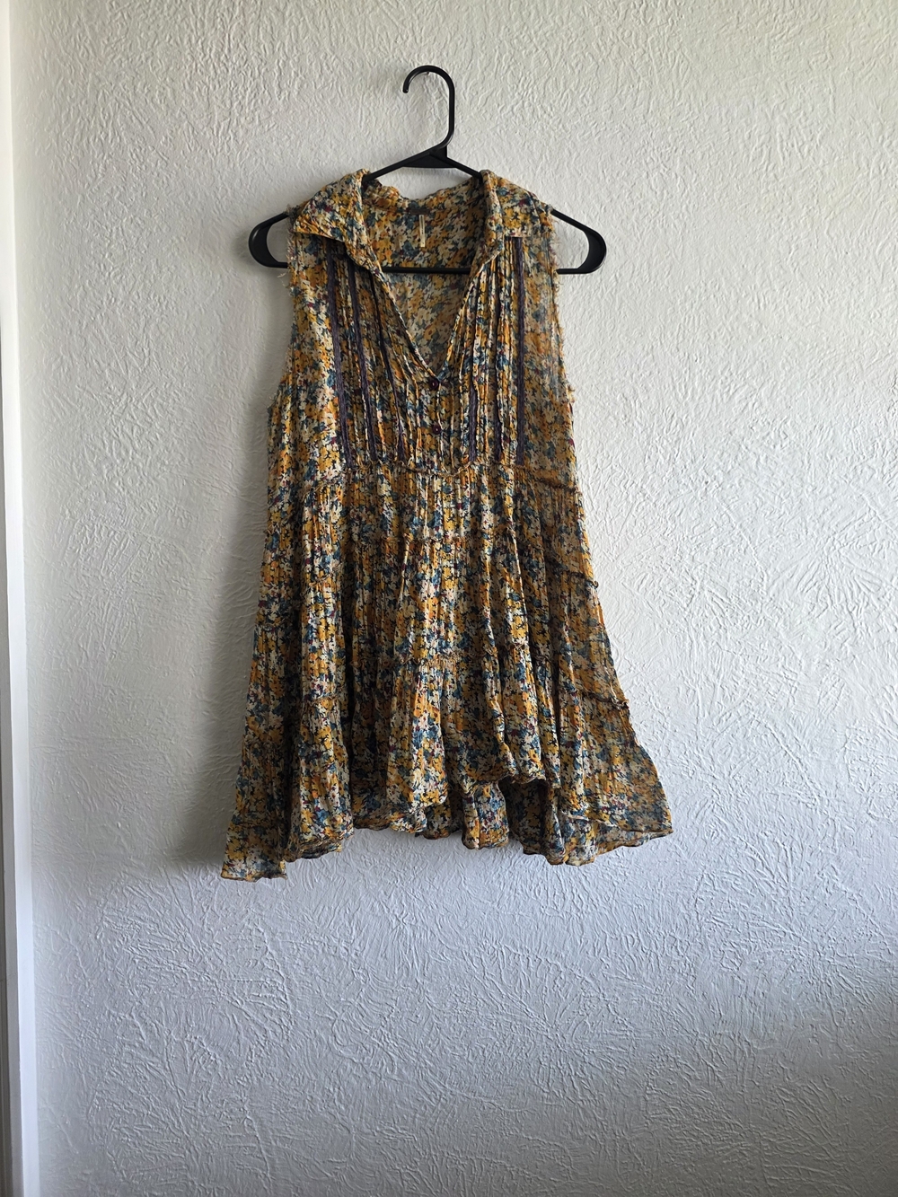 Cottagecore  Boho Free People Yellow Floral Mini Dress/Long Tunic With Raw Hem
